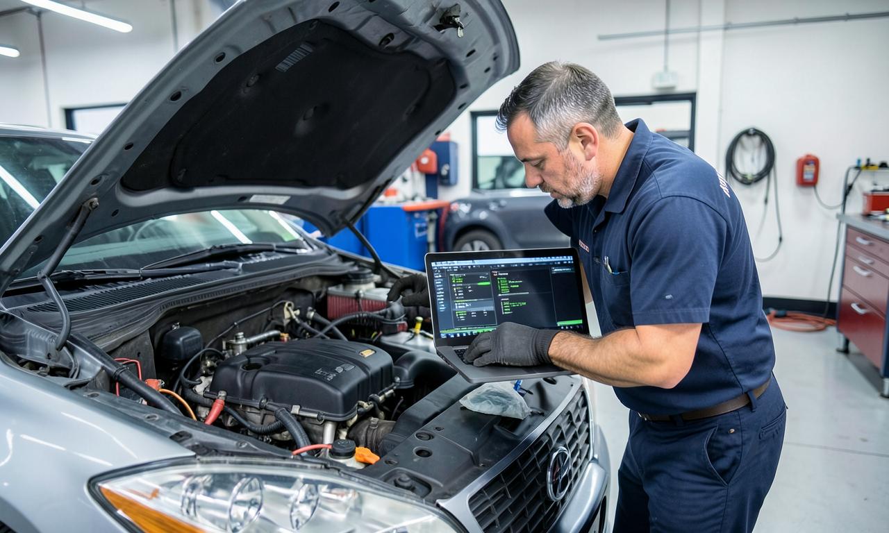 Mechanic completing a digital engine diagnostic
